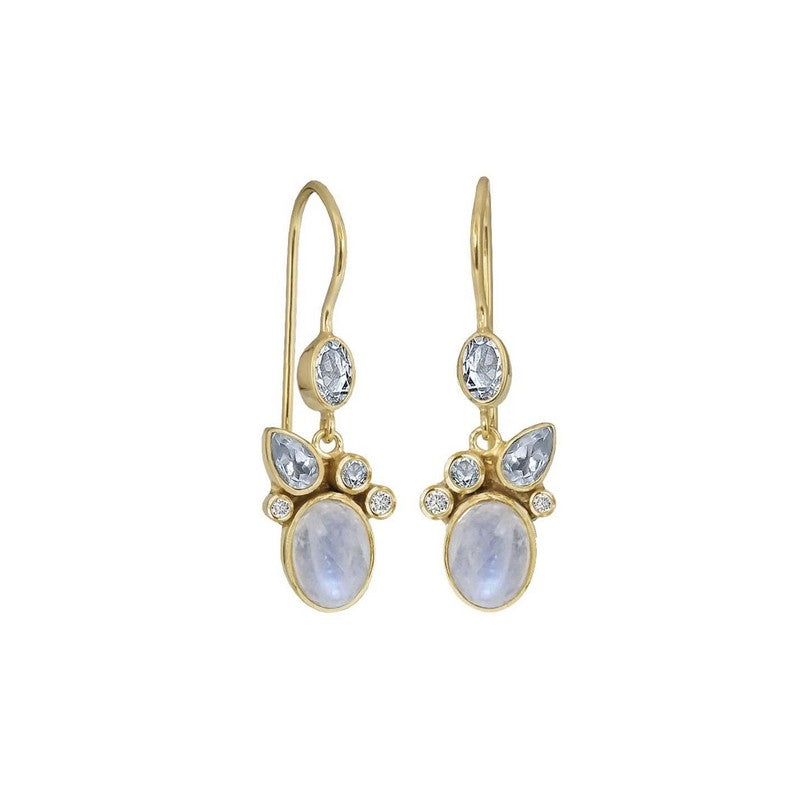 Blue Moon ørehængere fra Rabinovich i forgyldt sølv med sky blue topas, rainbow månesten og klar zirkonia.